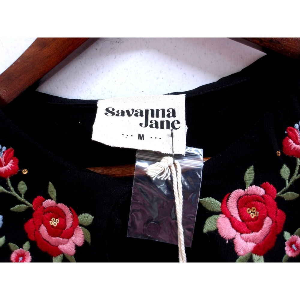 Savanna Jane Black Floral Embroidered Sequin Boho Blouse Top‎ L /#26308 - Picture 4 of 6